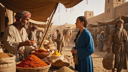 Silk Road Spice Market - A bustling marketplace on the ancient Silk Road. Merchants sell exotic spices to customers, creating a vibrant and colorful scene filled with the sights and sounds of trade.