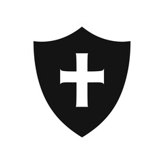 Black shield with centered white cross illustration on a white background