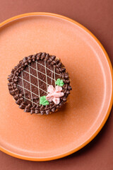 Sweet tart, pie with chocolate and cream with fruit filling on a plate. Chocolate tart