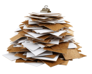 Towering pile of papers, possibly documents, with a binder clip on top