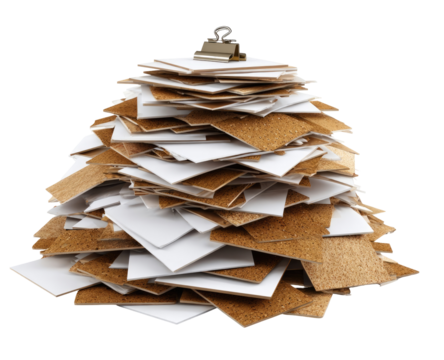 Towering pile of papers, possibly documents, with a binder clip on top