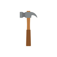 A simple flat design illustration of a claw hammer with a grey head and a brown wooden handle on a white background.