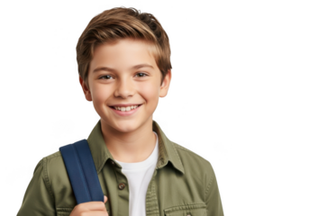 Smiling young boy with backpack isolated on transparent background