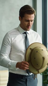 A professional (30s-40s) in sophisticated business casual, filmed low-angle to eye-level MCU, calmly picks up a pith helmet from a polished desk in a minimalist office, looking intensely into the