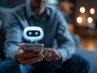 Business man using digital chatbot application Artificial Intelligence at home for online customer service. AI Chat Technology for Seamless Communication and Customer Engagement