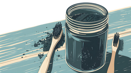 Activated Charcoal Tooth Powder and Toothbrush in Jar - Dental Hygiene Concept