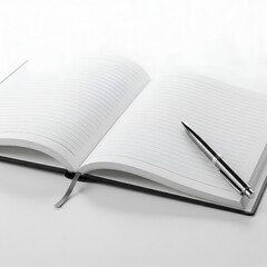 An open notebook with blank lined pages and a black pen resting on top.