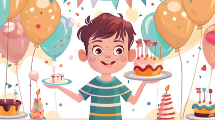 Joyful Kid Boy Holding Birthday Cake - Cute Illustration for Celebrations