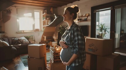 Smiling pregnant woman holding belly while standing among moving boxes in bright sunlit living room, anticipating new home and family life