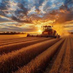 Fototapeta premium Sunset Harvest of Golden Wheat in a Rural Field by a Combine During Late Afternoon.