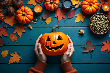 Overhead Composition of Carved Pumpkin Held by Hands on Blue Wooden Surface with Autumnal Decor and Warm Candlelight Glow