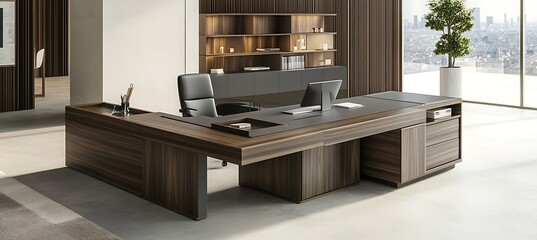 Executive office furniture desk design interior modern workspace chair table wood contemporary style luxury | empty png screen perfect for personalized branding