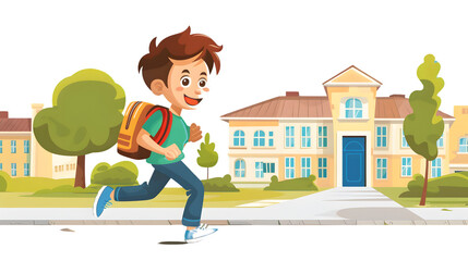 Cheerful Kid Boy Running to School in a Playful Cartoon Illustration