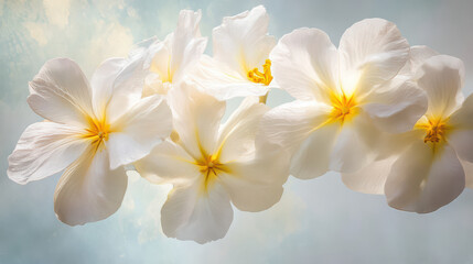 Naklejka premium Delicate white flowers with soft yellow tones create serene and calming atmosphere, perfect for evoking feelings of peace and tranquility