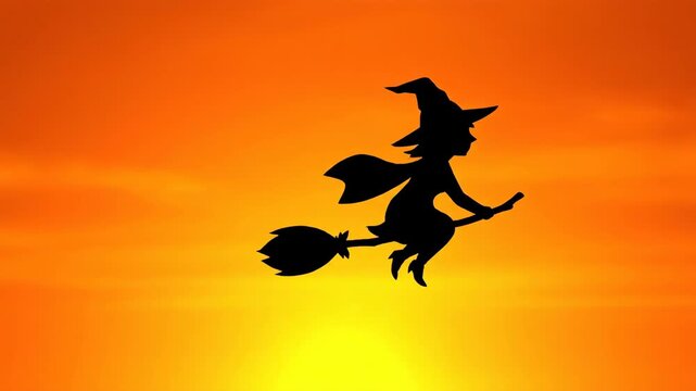 Witch Flying at Sunset Silhouette - Animated silhouette of a witch flying on a broomstick against a vibrant orange sunset.