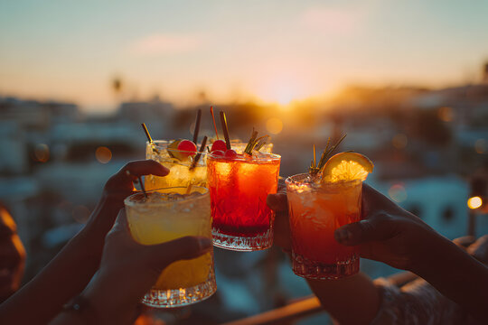 Colorful Cocktails at Sunset: Friends Toasting Drinks on Rooftop Bar with City View