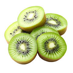 Fototapeta premium Freshly sliced ripe kiwifruit pieces showing green flesh and black seeds isolated on transparent background