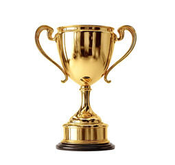 Gold trophy with two handles.  Glossy,  polished golden  cup,  wide base, dark  base