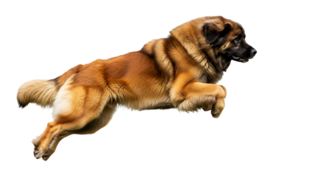 Leonberger jumping in mid air showcasing agility and grace against a transparent background