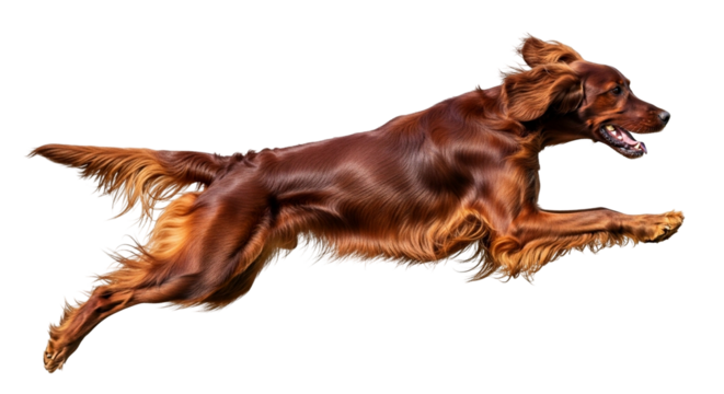 Irish Setter mid jump showcasing agility and grace against a transparent background in a playful display of energy