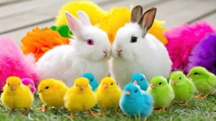 Adorable easter bunnies and colorful chicks in spring grass