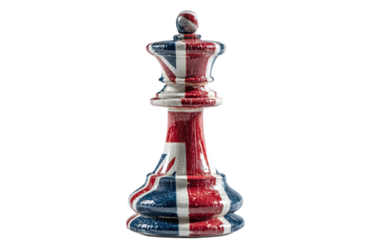 UK Flag Chess Queen Piece Strategy Game Power, isolated on transparent background, perfect cutout, PNG