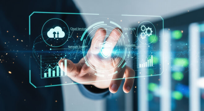 Innovative interaction with a holographic display, focusing on cloud services and data visualization