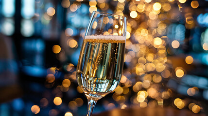 Elegant champagne flute with bubbles, celebrating success or special occasion with golden bokeh