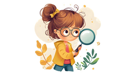 Young Girl Student Exploring with Magnifying Glass