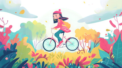 Young Girl Enjoying a Unicycle Ride - Colorful Illustration