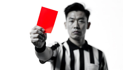 Referee showing red card during soccer match at stadium, player expulsion decision