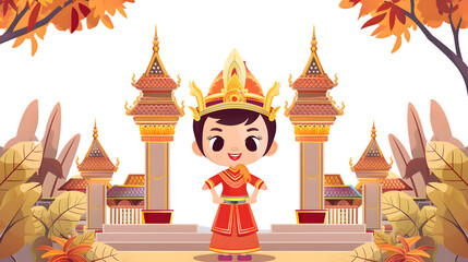 Thai Traditional Dress Cartoon Illustration for Kids in Colorful Attire