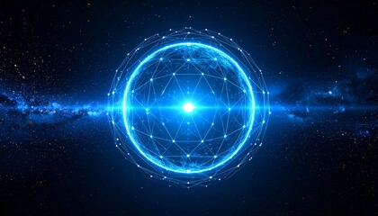 Obraz premium Digital representation of a glowing sphere in outer space with geometric patterns and bright stars