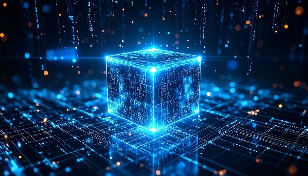 Digital cube surrounded by glowing data streams in a futuristic landscape at night