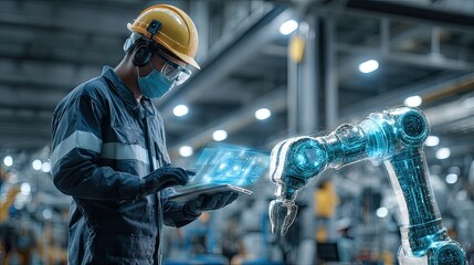 Skilled engineer in protective gear uses advanced tablet interface to control futuristic robotic arm in a modern industrial factory setting, showcasing innovation and automation.