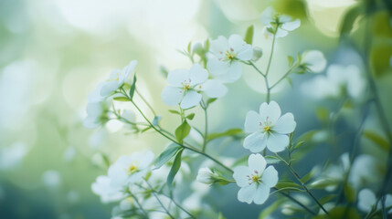 Delicate white flowers create tranquil scene, evoking feelings of peace and serenity in soft, blurred background. gentle hues enhance beauty of nature simplicity