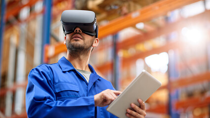 A worker in a blue uniform uses a VR headset and tablet in a modern warehouse. The scene showcases technology integration, innovation, and efficient logistics operations in an industrial environment.
