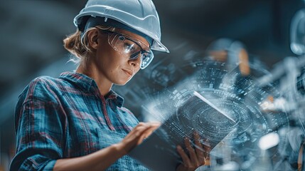 Focused female engineer analyzing complex digital blueprint on tablet, showcasing modern technology integration and precision planning in industrial setting