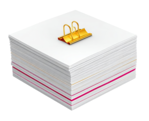 Stack of white papers with gold paperclip and pink lines