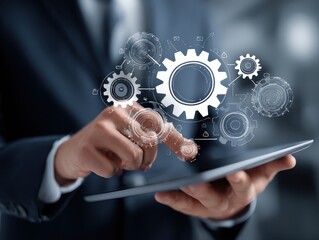 Business process automation. Business person using tablet computer. Network structure and gear icons.