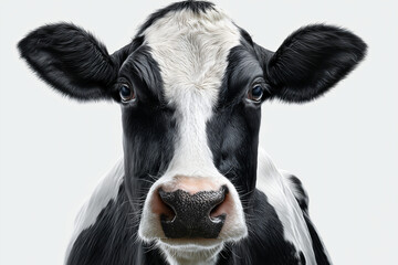 A close-up portrait of a cow, showcasing its distinct black and white markings and its intense gaze. The cow's features are sharply defined, highlighting its alert expression