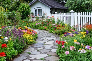 A picturesque cottage garden showcases vibrant flower beds lining a winding stone path, inviting visitors to explore this enchanting outdoor space in the afternoon light