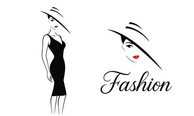 Elegant fashion woman in little black dress and wide‑brim hat logo concept