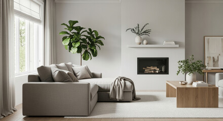 Modern and elegant living room interior with a comfortable couch and various decorative elements. The space is well-lit and inviting. 