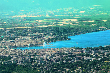 View of Geneva, Geneva Lake from the top of Mount Salève.