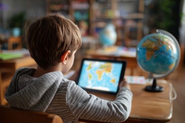 Bright classroom setting showcases a child engaging in an interactive geography lesson on a tablet. The globe nearby enhances the educational experience, promoting global awareness in young learners