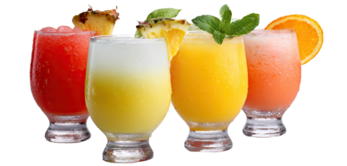 Four colorful fruit smoothies in glasses