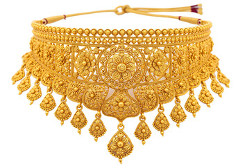 Intricately detailed antique gold choker necklace with floral motifs and dangling pendants isolated on a transparent background