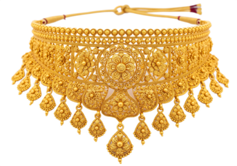 Intricately detailed antique gold choker necklace with floral motifs and dangling pendants isolated on a transparent background