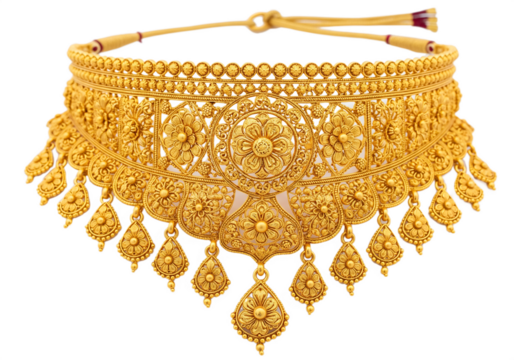 Intricately detailed antique gold choker necklace with floral motifs and dangling pendants isolated on a transparent background
